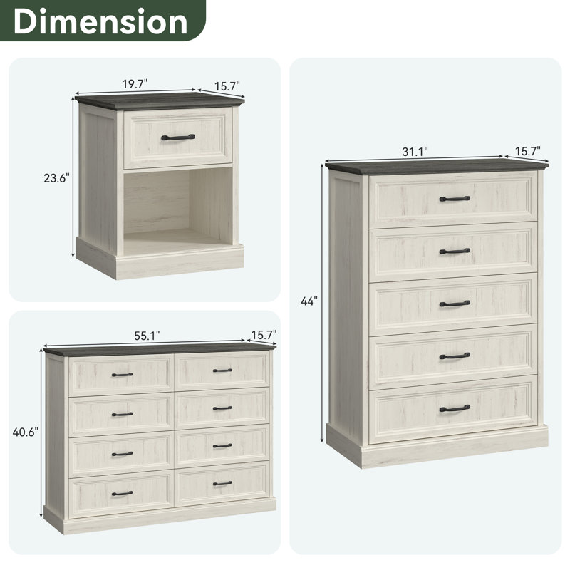 4 Pieces Bedroom Set Include 8 Drawer Dresser, 5 Drawer Tall Chest And Two Nightstands With Bookcase, White