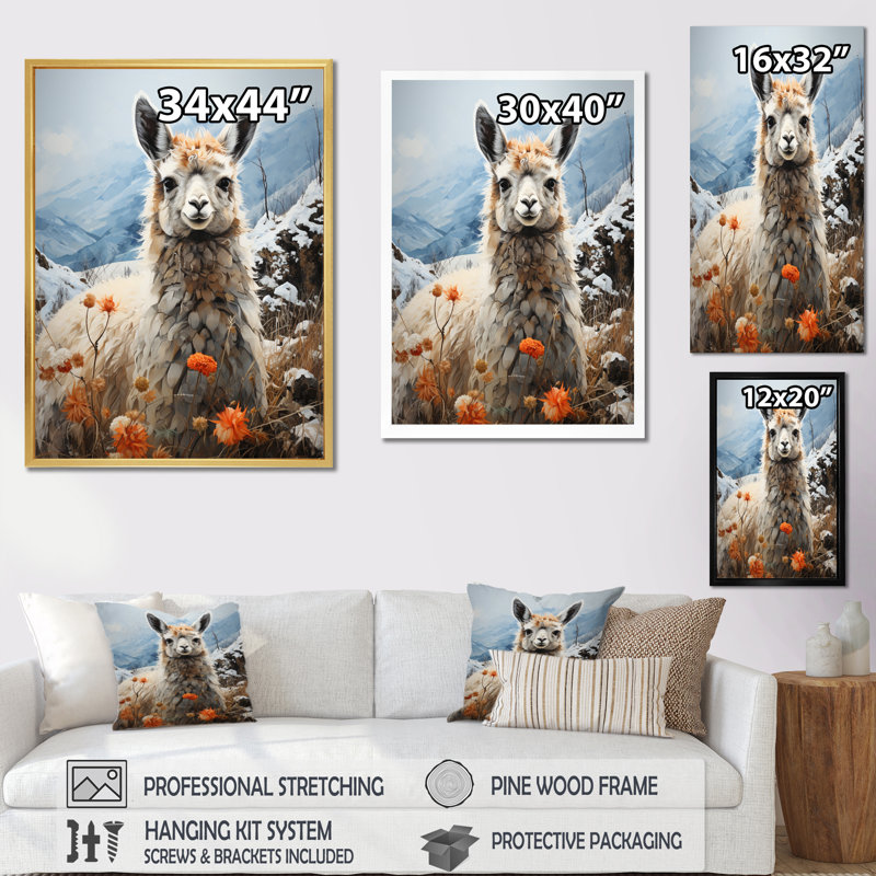 Paysage de lama en hiver - Décoration murale animaux, H 20 po x l 12 po x P 1 po, Toile tendue
