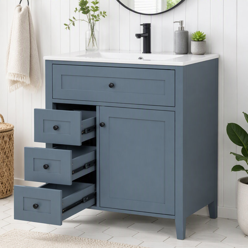 Meuble-lavabo 24 po avec lavabo et rangement spacieux, Bleu-gris, porte de droite, 30