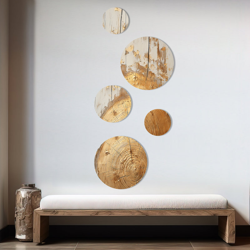 Abstrait or gracieux Woodland - ensemble abstrait d'art mural rond de 5