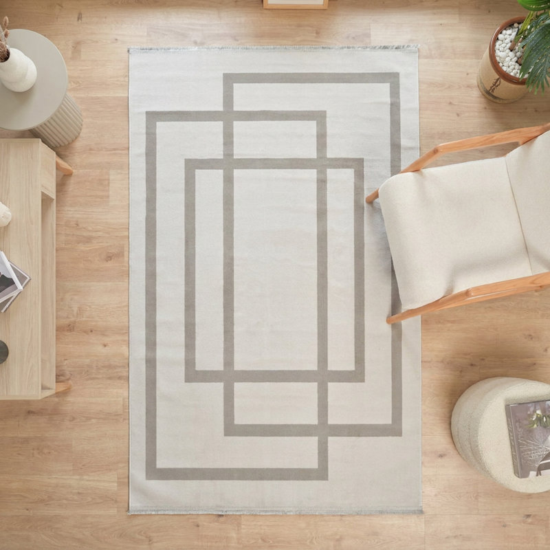 Tapis géométrique moderne crème et gris (2,6 pi x 4,9 pi)