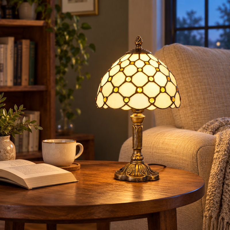 Tiffany-Style Table Lamp with Ivory Glass Shade and Antique Bronze Finish, 1-Warm Light, E26 Base