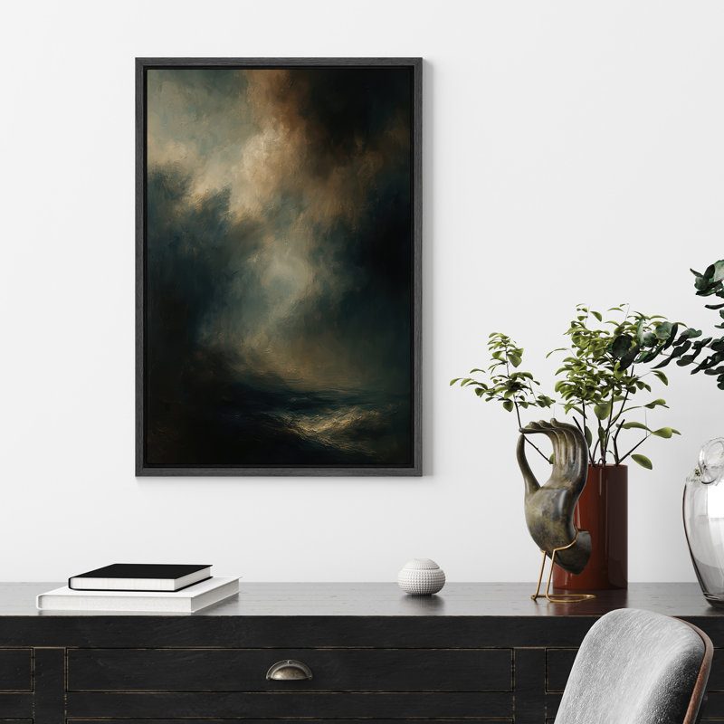 Stormy Abstract Framed Canvas Wall Art - Moody Dark and Light Swirling Painting Print, Modern Art Print for Living Room, Bedroom, or Office Decor
