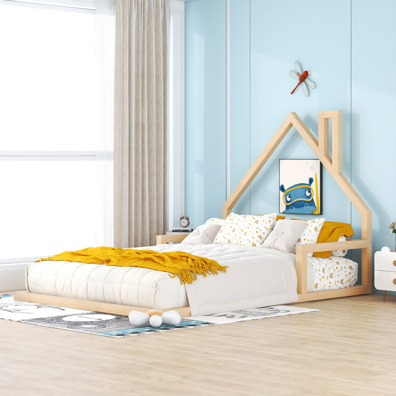 Wood Floor Bed With House-Shaped Headboard, Natural, Full