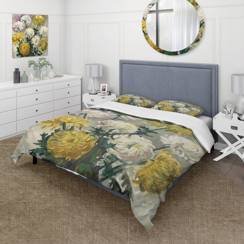 Marguerites blanches et dorées - ensemble de housse de couette traditionnel - microfibre de polyester
