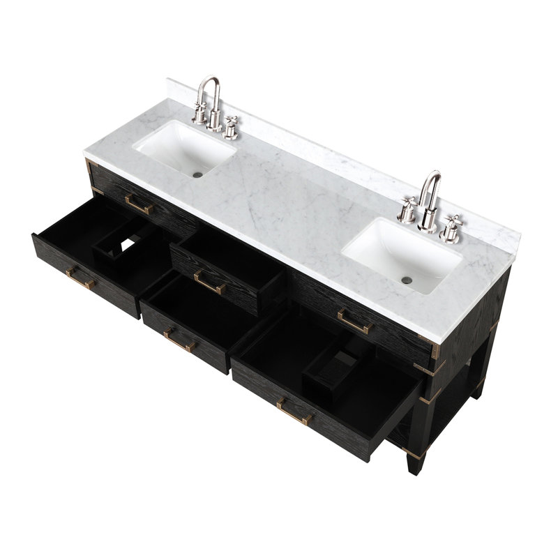 Ensemble de meuble-lavabo double avec plateau en marbre de Carrare et robinet