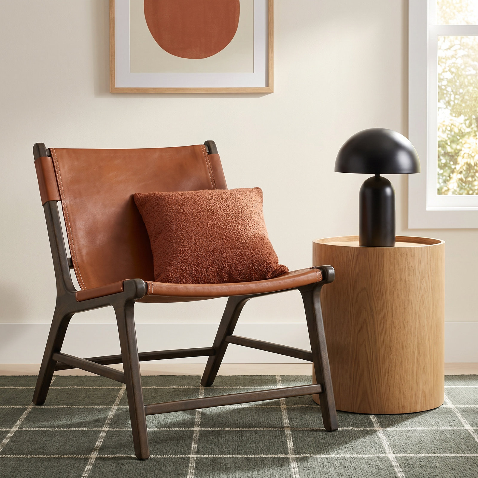  Teak Genuine Leather Armchair, Brown Leather, Walnut