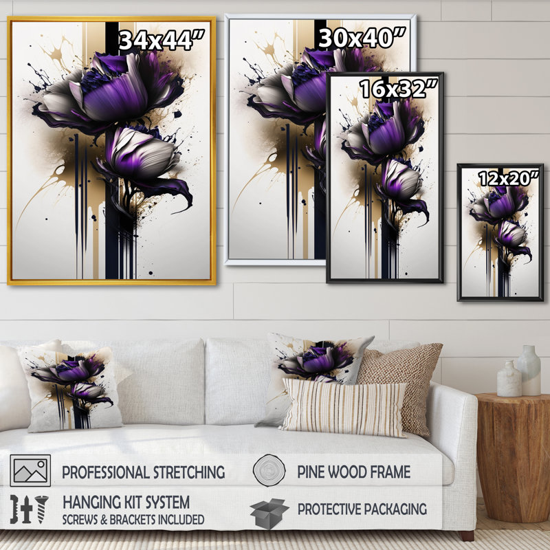 «Puple Peony Flower on Abstract II», impression sur toile, H 40 po x l 30 po x P 1,5 po, Cadre flottant noir