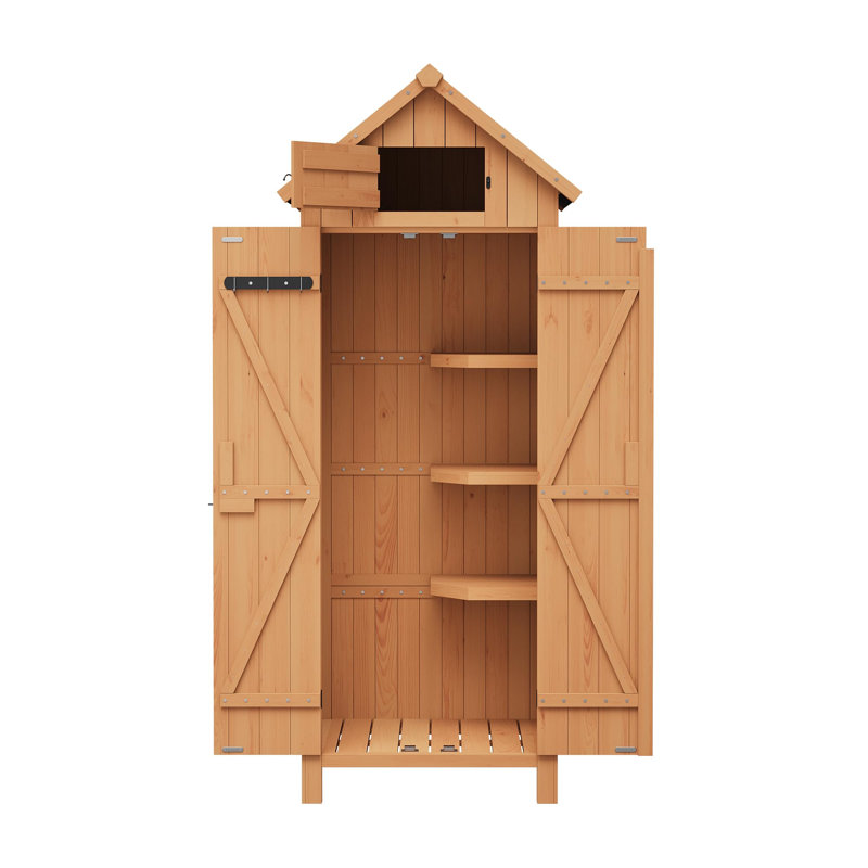 Armoire de rangement d'extérieur en bois 70 po avec toit incliné imperméable, portes doubles verrouillables et 3 tablettes réglables