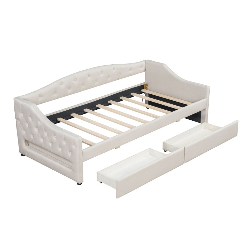 Upholstered Daybed with LED Belt and Trundle, Beige, Twin