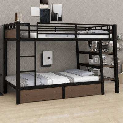 Metal Bunk Bed With Storage Shelves, LED Light Strip, And USB Power Strip