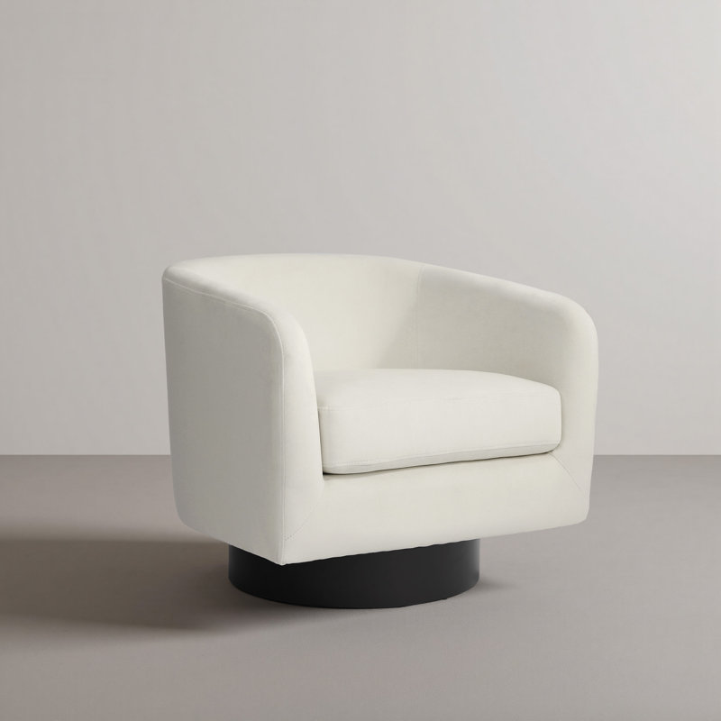 Eugenie Applewold Upholstered Ivory Velvet Swivel Barrel Chair with Solid Wood Base, Ivory
