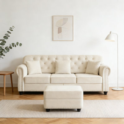 Beige/white 41.3'' Mid-century Modern Chesterfield Sofa - Velvet Upholstered With Nailhead Trim, Rolled Armrests, Button Tufted & 1 Included Pillow
