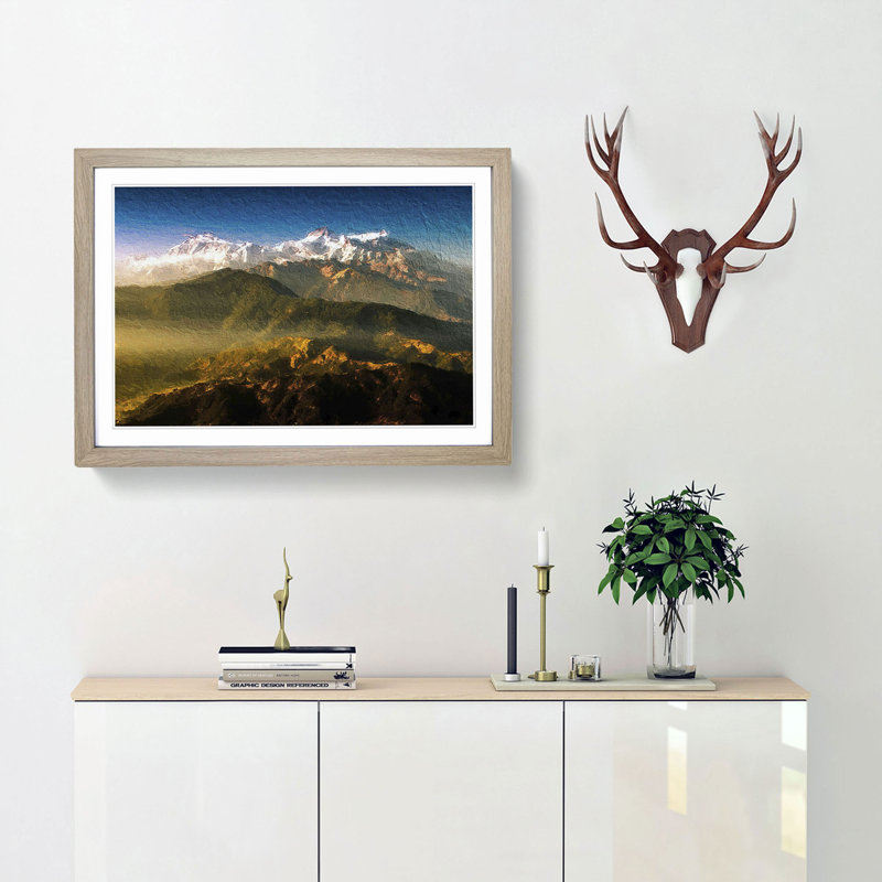 Sunlight Bathing the Mountains in Nepal - Picture Frame Painting Print, 27cm H x 36cm W x 2cm D, Oak Framed