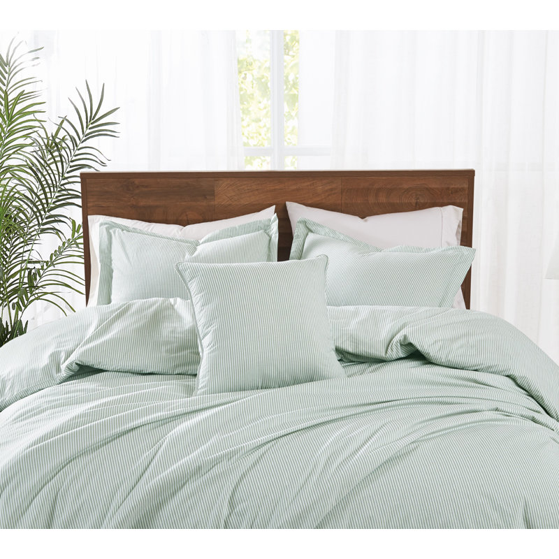 Brooklyn Loom Pinstripe Duvet Cover Set, White/Sage Green, King Duvet Cover + 2 King Shams