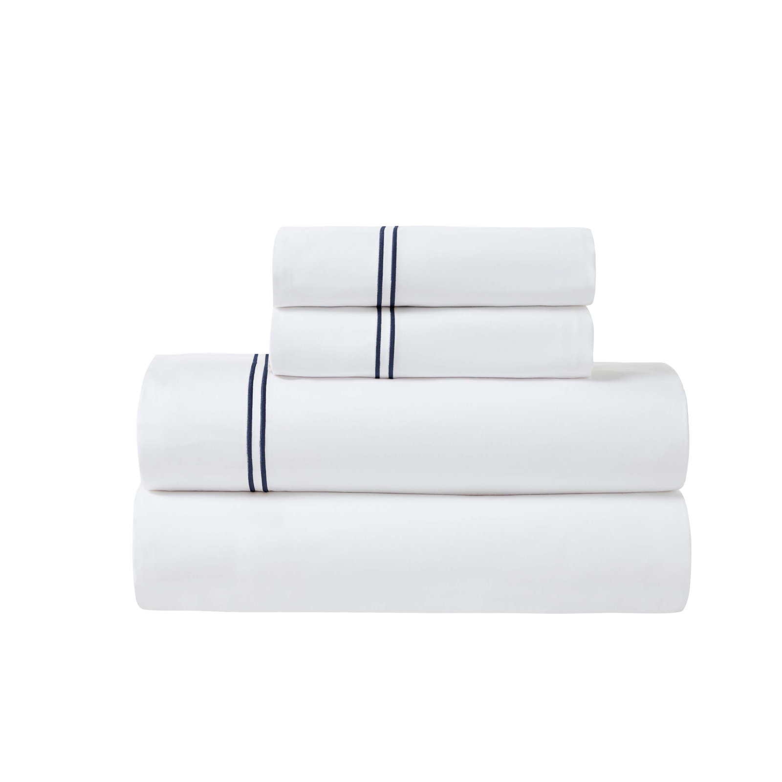 Two-Line Embroidered Cotton Sheet Set, Twin XL Sheet Set with 1 Pillowcase, White/Navy Blue