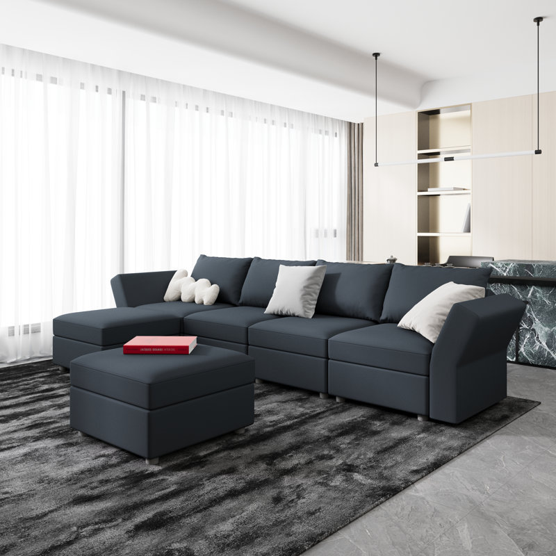BOX MODULE STO SOFA 116'' 6 Piece Upholstered Modular Sectional Sofa with Storage, Gray Cotton Blend