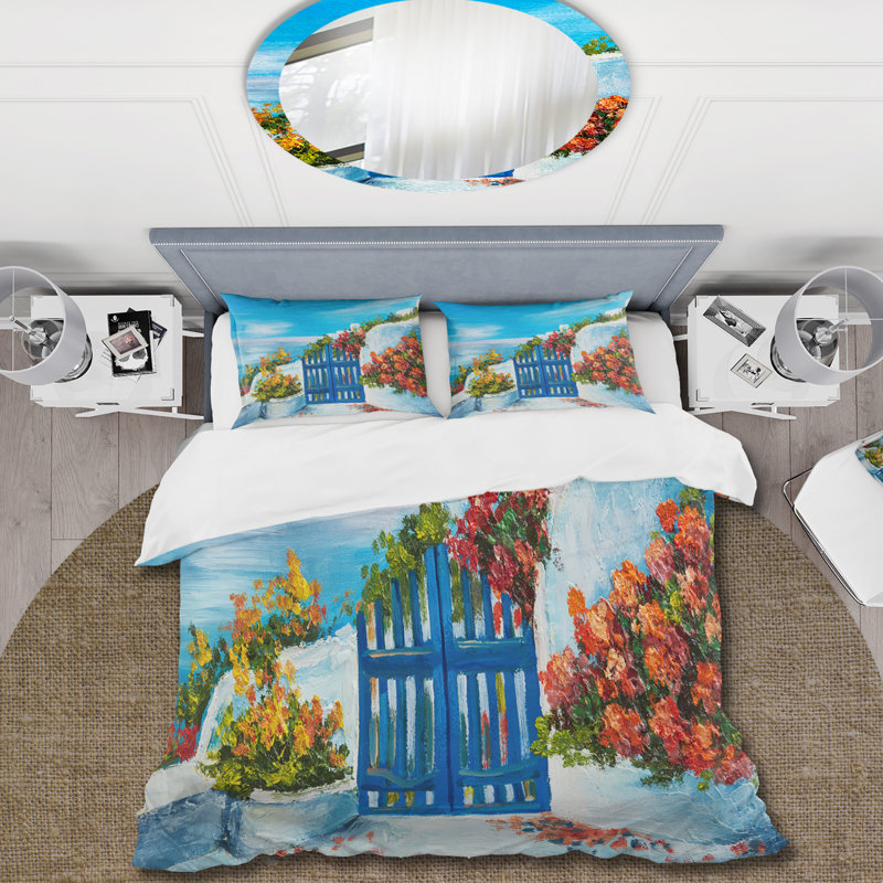 Ensemble de housse de couette nautique et côtier House Near The Sea Colorful Flowers III - Microfibre polyester