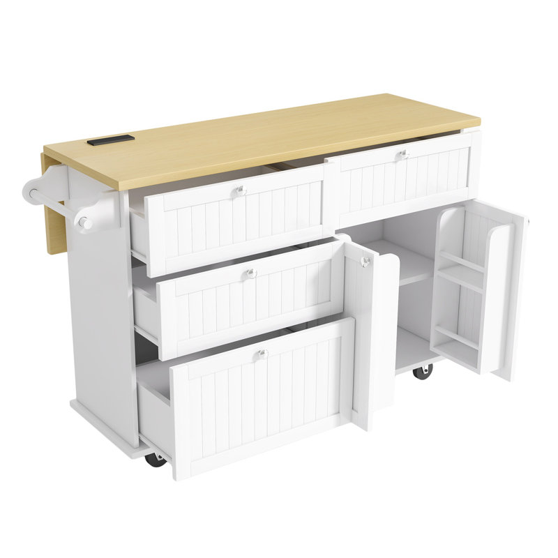 [Product Display Video Available] Farmhouse Kitchen Island With Drop Leaf And 2 Seatings, Kitchen Table Set With Storage Cabinet, Drawers, Door Shelves And Power Outlet, White