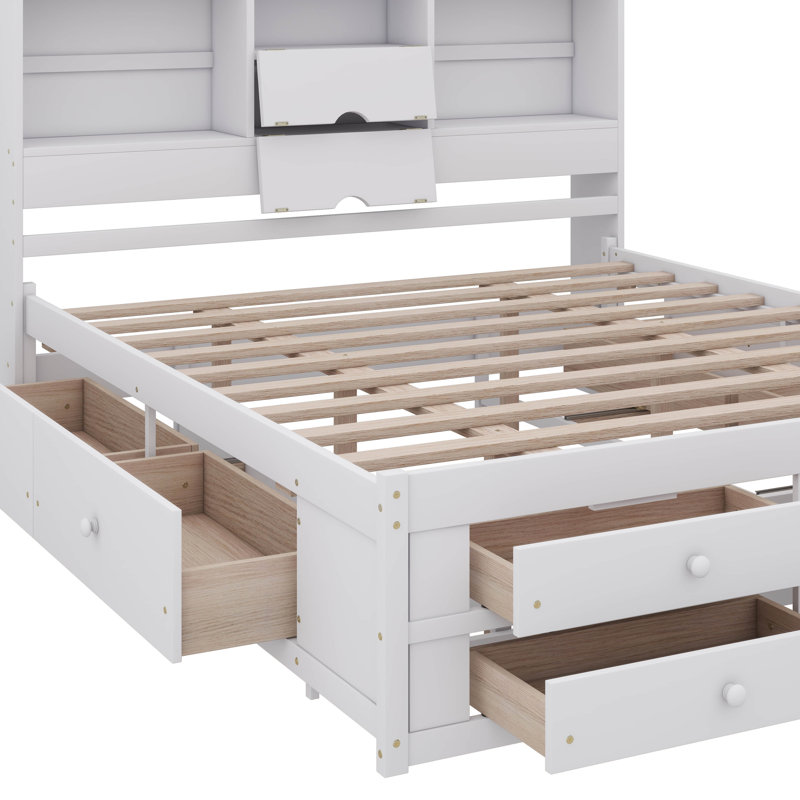 Lit plateforme avec tête de lit avec rangement et 8 tiroirs, Blanc, Très grand lit