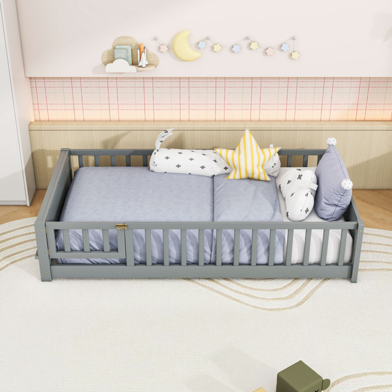 Lit simple en bois avec bibliothèque et porte à charnières, Gris