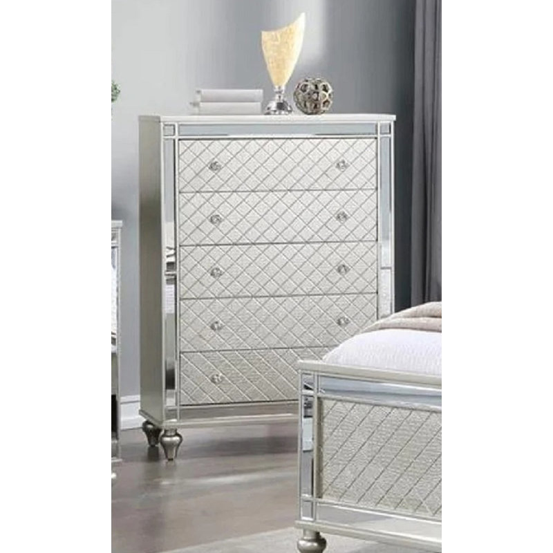 1pc Glam 5-Drawer Bedroom Chest Diamond Patterned Drawer Fronts Silver Finish