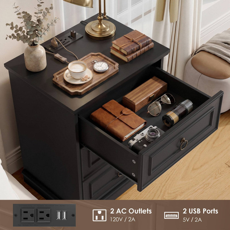 3 - Drawer Nightstand with Charging Station, Black
