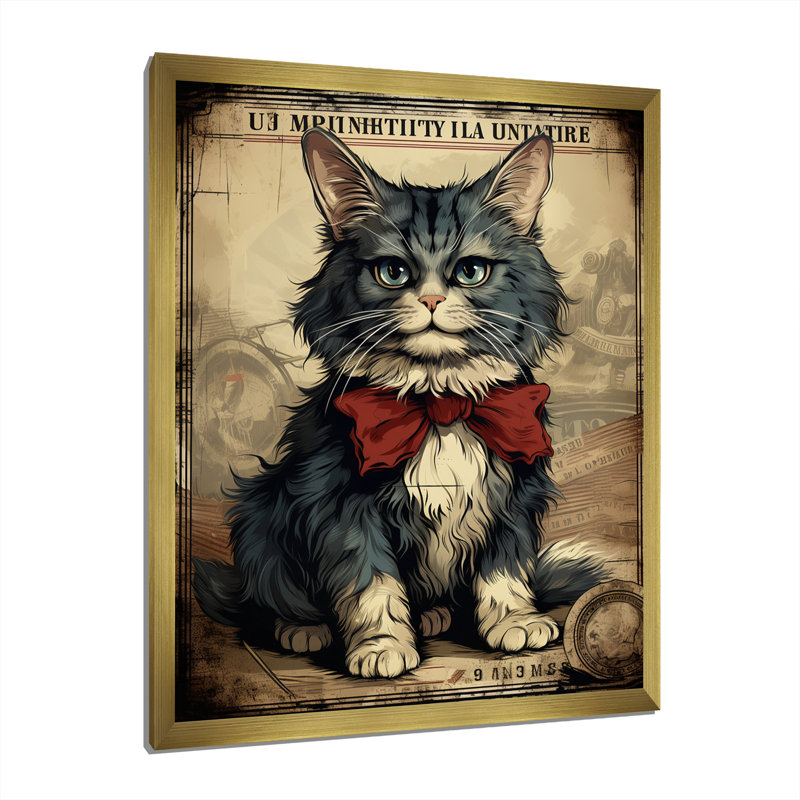 Illustration d'un chat avec un arc rouge, Cadre doré à une seule photo, H 40 po x l 30 po x P 1,5 po