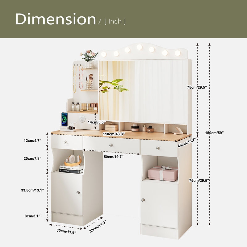 Vanity Desk With Mirror And Lights,Makeup Vanity With 2 USB Power Strip, Vanity Set With Three Drawers And Two Cabinet, 7 Lights With 3 Lights Colors, Foldable Three-Sided Mirror
