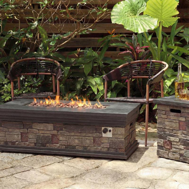 Rectangle Concrete Propane Fire Pit Table, 50,000 BTU Outdoor Gas Firepit with Auto-Ignition, Waterproof Cover for Patio Deck, Imitation Stone, CSA Certified