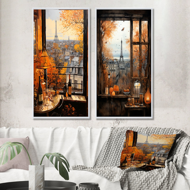 Retro Paris Window View IV - Paris, art mural sur toile, ensemble de 2, Cadre flottant blanc, H 40 po x l 41 po