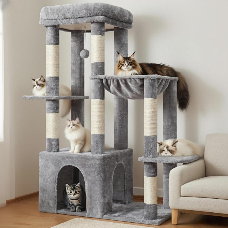 Arbre à chat, grande maisonnette pour chat avec très grande plinthe, mobilier en peluche multi-niveaux avec poteaux à griffer, hamac, gris clair