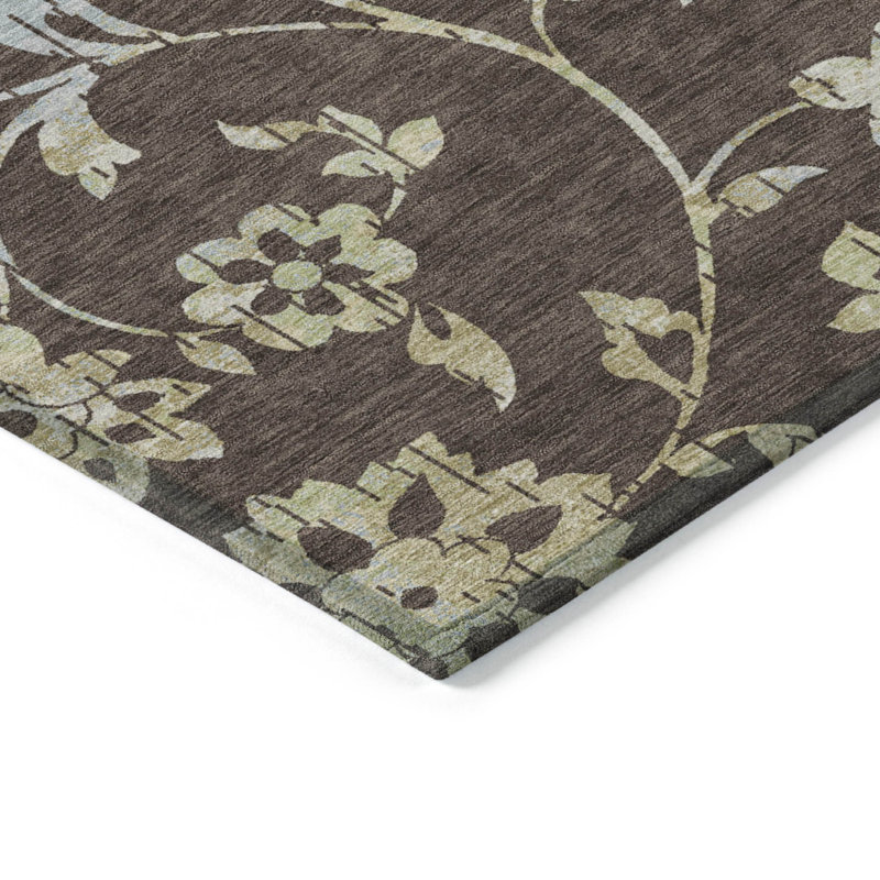 Tapis extérieur lavable floral bleu ciel et artichaut 9 pi x 12 pi chocolat