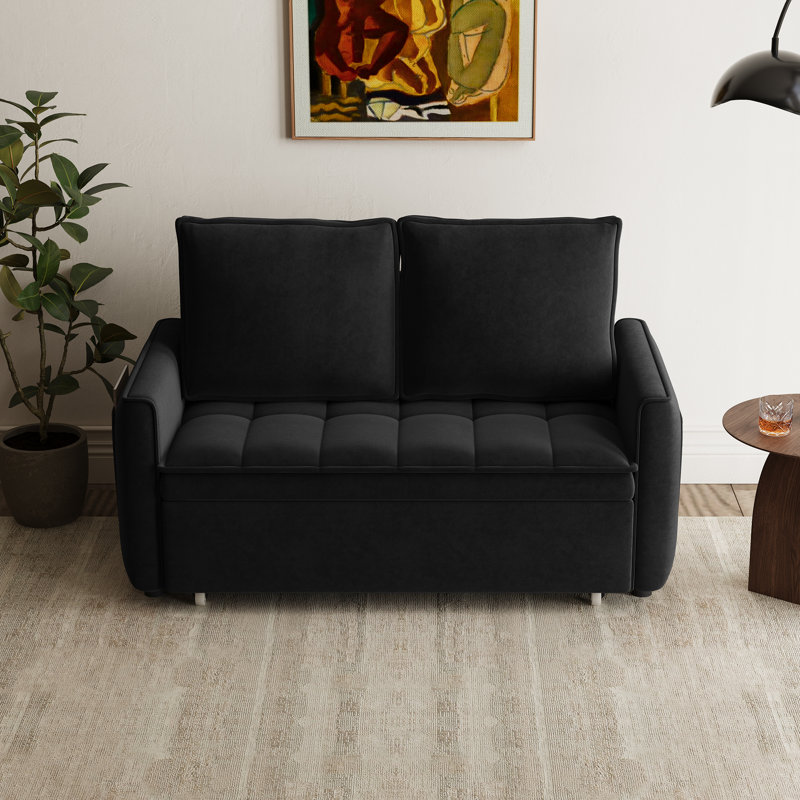 49" Modern Convertible Sleeper Loveseat with Pull-Out Bed, Adjustable Backrest & Side Storage Pockets, Black