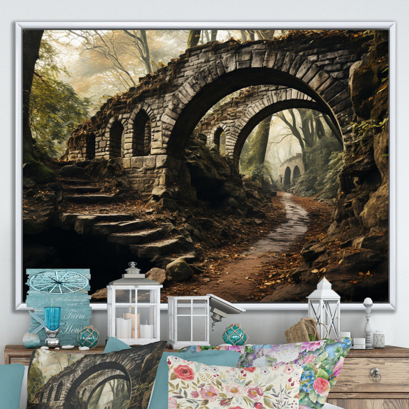Maddilyn Gray Bridge, ardoise rustique arche II sur toile, 16" H x 32" W, Black Picture Framed