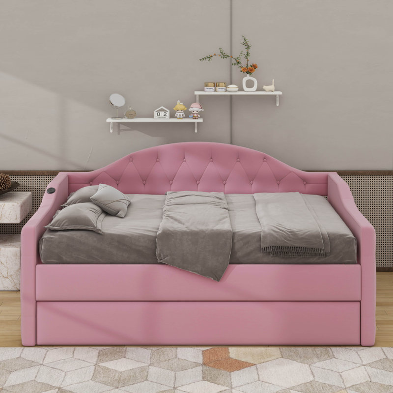 Lit de jour rembourré avec couchette, Lit simple, Rose