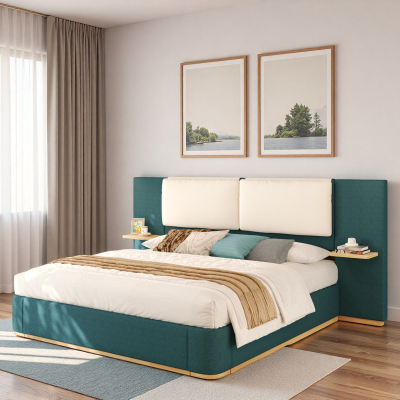Lit plateforme tapissier avec tablettes, Vert/blanc, Grand lit