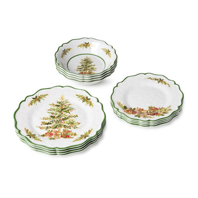 Holly Tree Holiday 12pc  Dinnerware Set – Festive Melamine Plates and Bowls for Christmas Entertaining, Indoor/Outdoor Use, Break-Resistant, and Dishwasher Safe