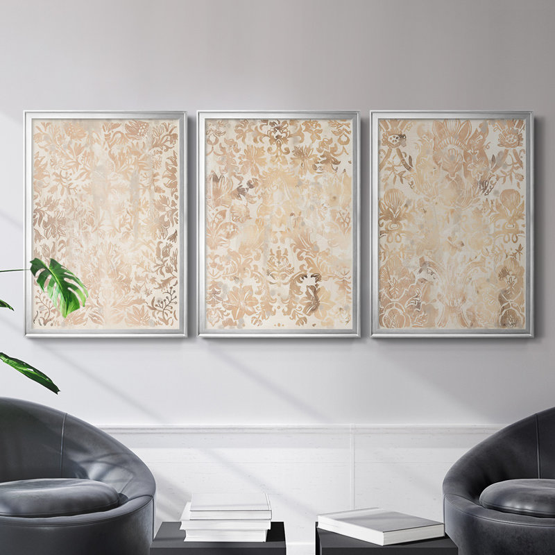 Toile encadrée noyer damassé I de qualité supérieure - prête à être accrochée, H 24,5 po x l 37 po x P 2,5 po, Cadre argenté