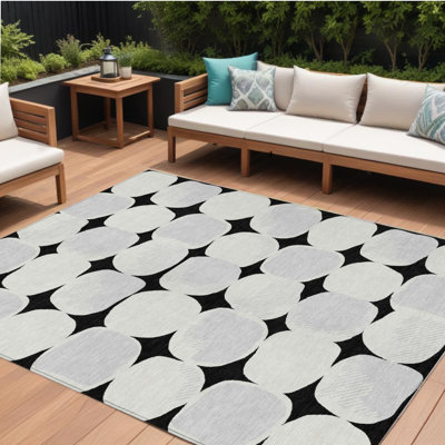 Tapis extérieur lavable abstrait 8 pi x 10 pi noir et gris ivoire