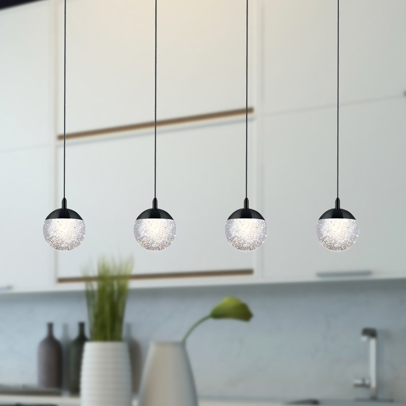 Luminaire suspendu linéaire à 4 lumières pour îlot de cuisine avec détails en cristal Heatherly, Noir, noir, noir, noir
