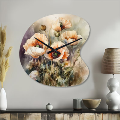 Orange Peonies Blooms II - Peonies Asymmetrical Metal Wall Clock, Orange Unique Shape Clock Print