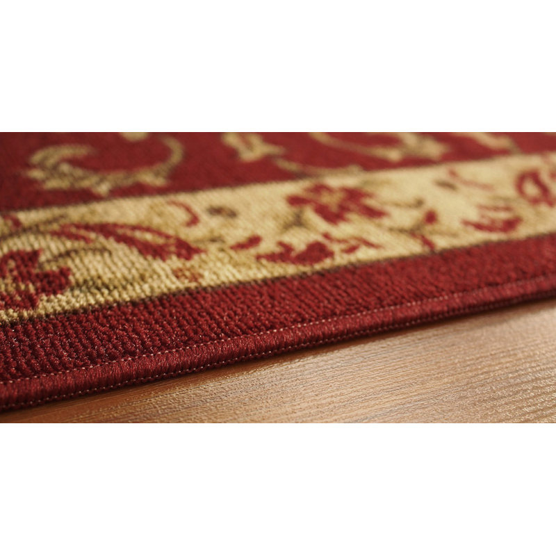Floral Scroll Red Slip Resistant Machine Washable Rugs, Runner 1'11" x 6'11"