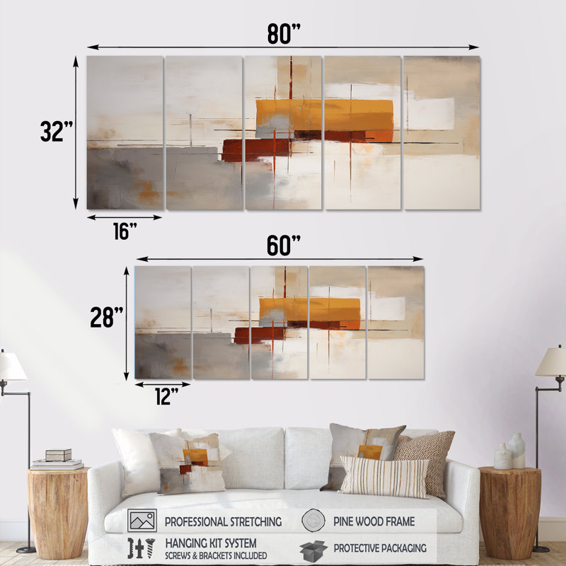 Ensemble de 5 décorations murales décollées orange gris - Collages abstraits, H 28 po x l 60 po