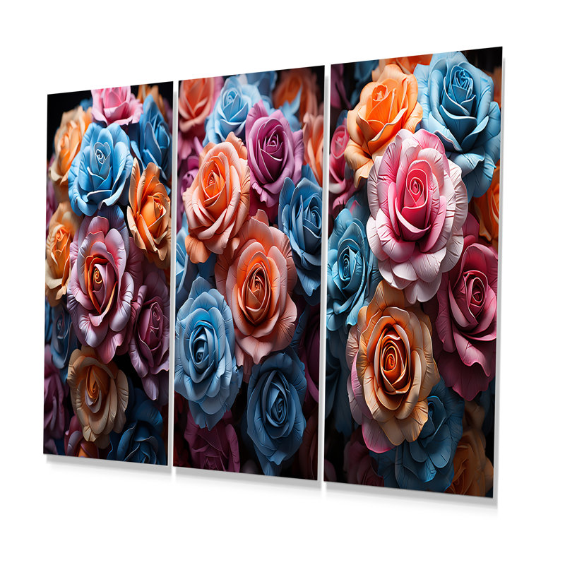 Abstrait roses éclatées - Ensemble de 3 impressions de roses en métal, H 28 po x l 36 po