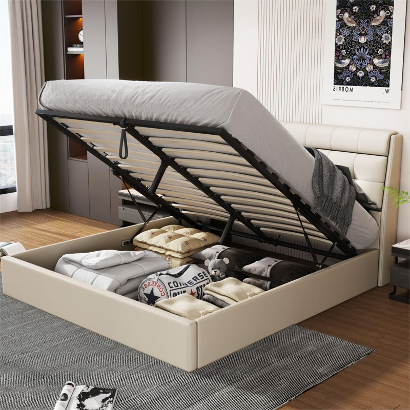 Angelka Upholstered Ottoman Storage Bed, Beige, UK Double - DE 135 x 190 cm