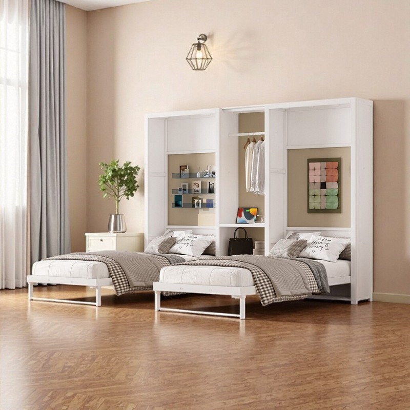 Lit escamotable simple et simple en métal avec garde-robe, tablettes de rangement et prises de courant intégrées, conception 2 en 1 compacte, L 112,5 po x l 82,8 po x H 82 po