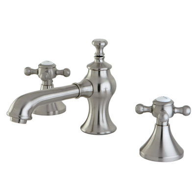 Kingston Brass English Country Two-Handle 3-Hole Deck Mount Widespread Bathroom Faucet with Brass Pop-Up Drain