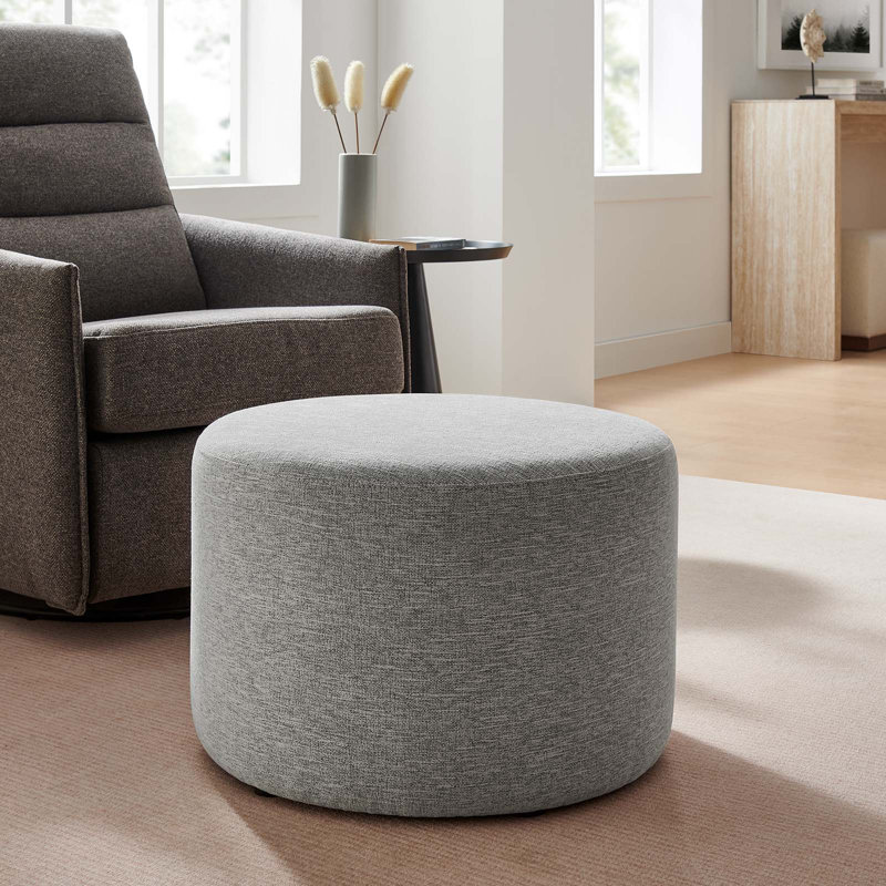 Modway Callum Large 23" Round Woven Heathered Fabric Upholstered Ottoman, Heathered Weave Light Gray Fabric