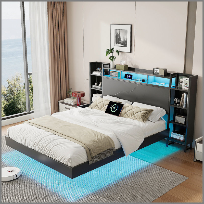 Base de lit flottante pleine grandeur avec station de charge USB, tête de lit avec rangement et base de lit plateforme en métal robuste à lumière DEL, sans sommier tapissier, noir